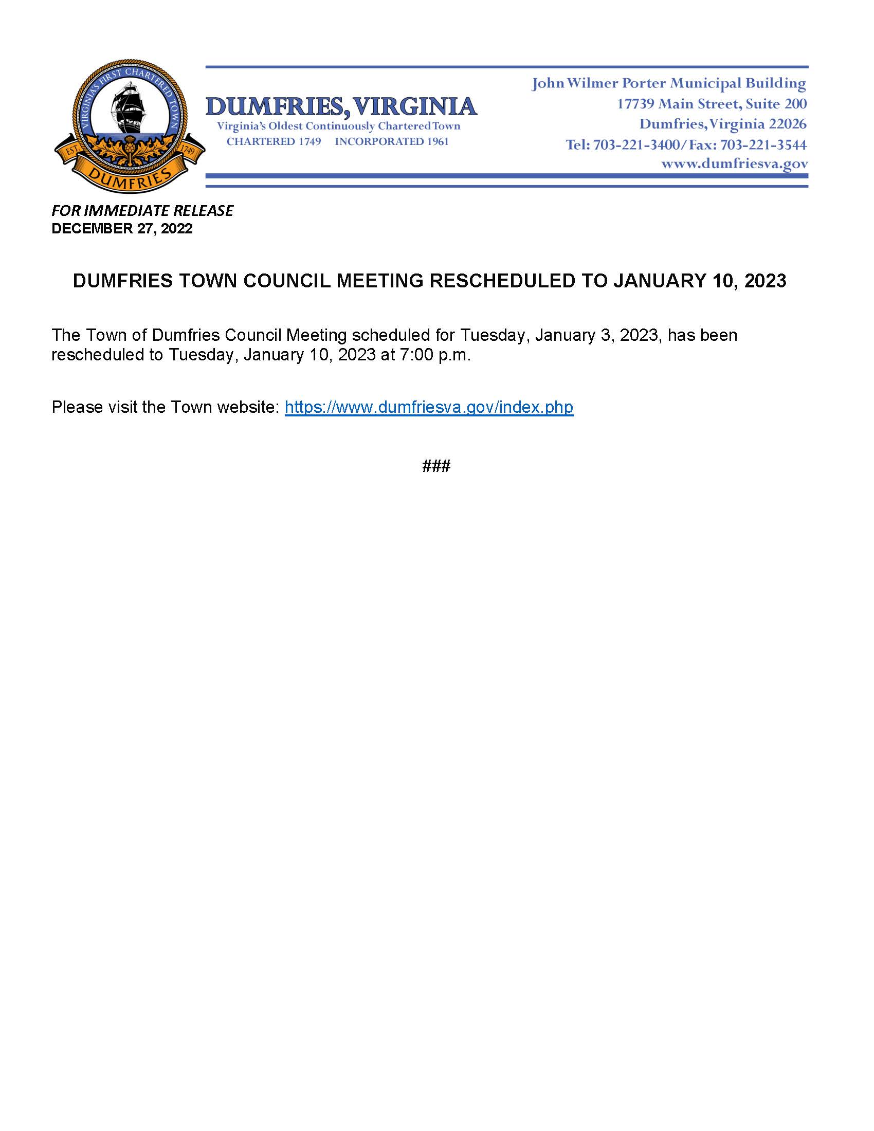 Town Council Meeting Rescheduled 01032023 to 01102023